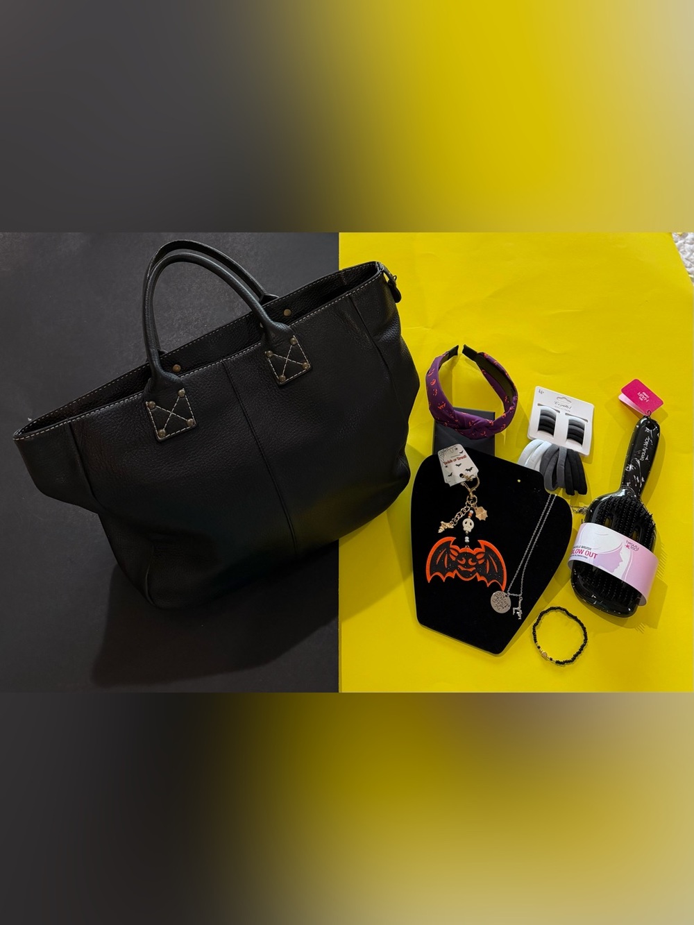 GAP Black Leather Tote with Top Handles with accessories